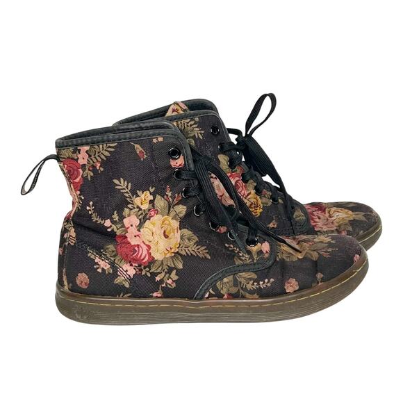 DR MARTENS Shoreditch Floral Mix Canvas Lace Low Boots Black Multi Womens Size 7 - Picture 3 of 10
